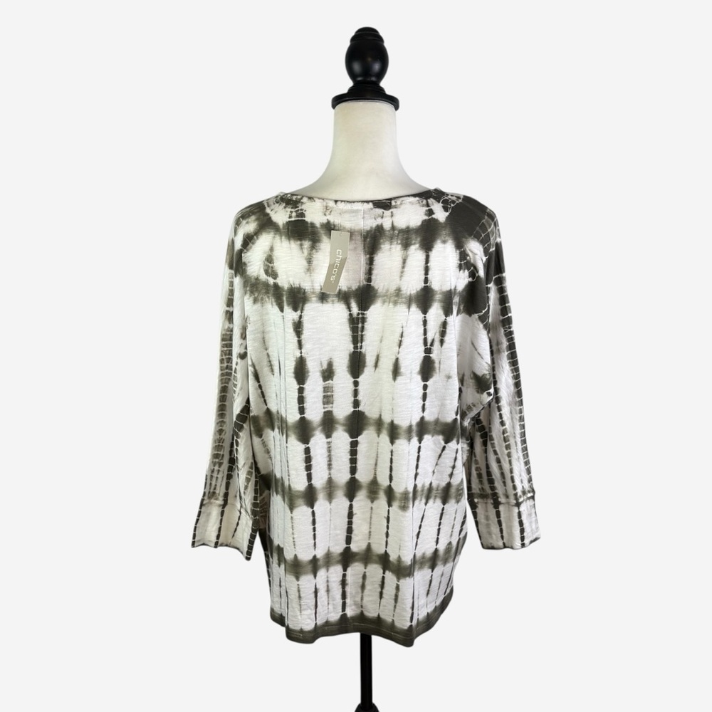 NWT Chicos Olive Green Tie Dye Easy Tunic Tee • L • Cotton Modal • 3/4 Sleeve - Picture 3 of 8